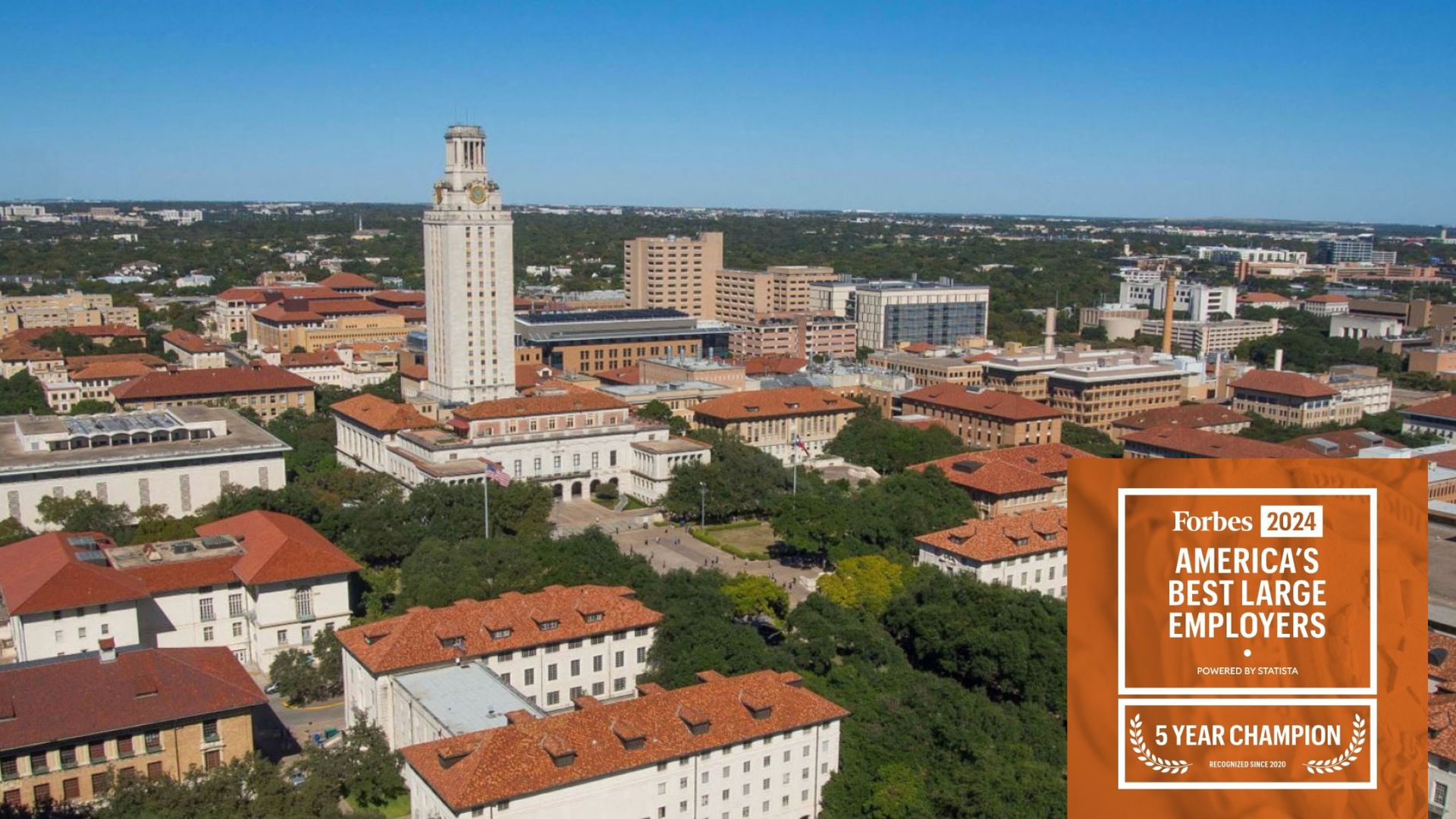 UT Main Campus aerial image with Forbes Best Large Employers designation