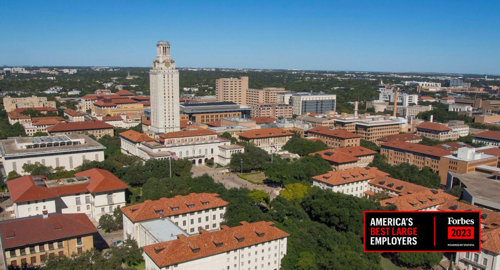 UT Main Campus aerial image with Forbes Best Large Employers designation