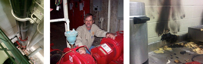 (Left) Fire-life-safety systems (Center) A fire pump (Right) A properly maintained sprinkler system activates, significantly reducing physical damage to the site, and saving lives.