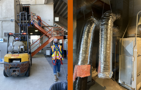 Forklift in front of outside railed staircase leading to door and installed AC unit with new ductwork