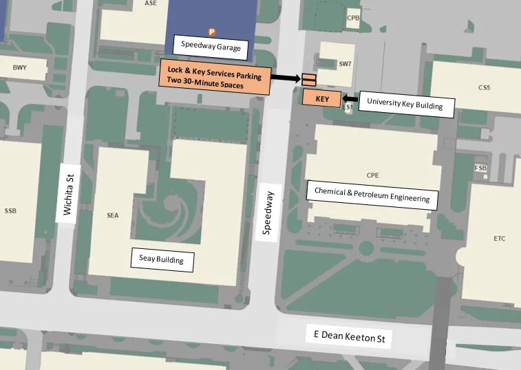 Campus map showing where the University Key Building is located