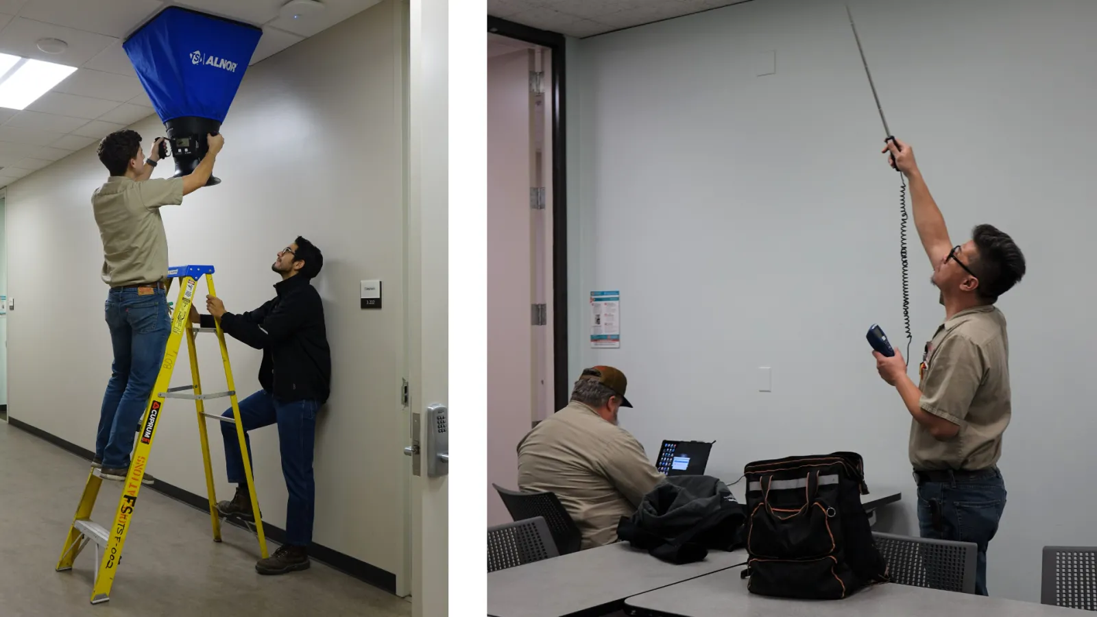 Building controls technician II team using flow hood to measure the volume of air coming out of the vents at Sanchez. Ladder safety is used by the team and Building controls technician II team at Sanchez taking the air temperature at the diffuser (vent) a