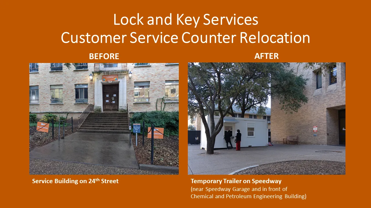 Before image of the Service Building entrance, and After image of the trailer in front of the Chemical & Petroleum Engineering Building.