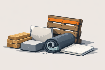 A flat vector illustration shows a small cluster of construction and renovation debris, including stacked lumber, a drywall panel fragment, a rolled carpet with padding, a ceiling tile, and a wooden pallet. The items sit low and slightly left on a light stone-colored background with soft shadows, rendered in muted neutrals with a small burnt orange accent to indicate industrial waste materials.