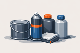 A flat vector illustration shows a small group of sealed containers, including a metal paint can, an aerosol spray can, and two simple chemical bottles. The items sit low and slightly left on a light stone-colored background with soft shadows, rendered in neutral tones with a small burnt orange accent to indicate hazardous or regulated materials.