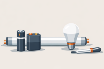 A minimalist flat vector illustration on a limestone background shows a small group of items—rechargeable and lithium batteries, a fluorescent tube, an LED bulb, and a stylized mercury-containing device—arranged low and slightly left of center. The objects are rendered in charcoal and white with subtle shading and soft shadows, and small burnt orange accents highlight details like battery terminals and bulb bases. The clean, uncluttered layout emphasizes these materials as requiring special handling.