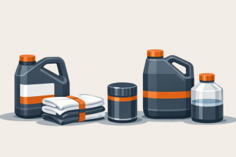Illustration of oil containers, oily rags, and automotive fluids indicating special handling waste.