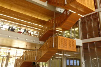 Gates Dell computer center (GDC) looking up at stairs from ground floor