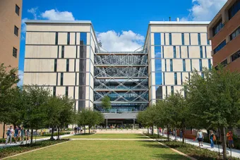 EERC exterior showing building from the front looking down green corridor from west